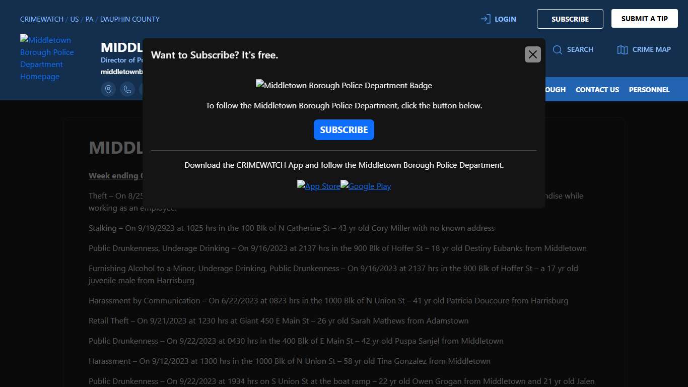 Middletown Police Arrest Log Middletown Borough Police Department